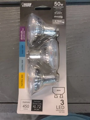 (3-Pk) Feit Electric LED Light Bulb Bright White GU10 Bi-Pin Base MR16 50W Eqv - Image 1 of 2