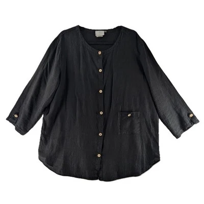 Lo último Blusa túnica de algodón para mujer talla XL negra 100 % lino bolsillo con botones de colección EE. UU. Foto 1 de 4