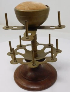 Antique Thread Spool Holder & Pincushion Two-Tiers Spinning Sewing Stand c. 1900 - Picture 1 of 22
