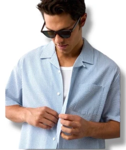 American Eagle AE 77 Kurzarm Hemd Bio Baumwolle Knopfleiste gestreift Herren XL - Bild 1 von 4