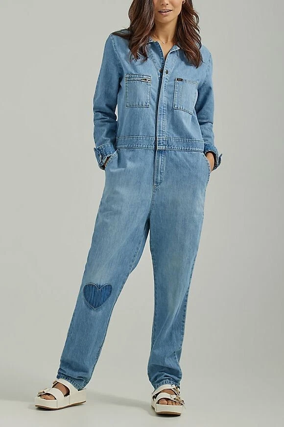 Lee Union-Alls Jumpsuit Women's Size S Blue Denim Heart Patch Cover Alls