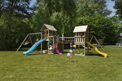 Spielturm aus Lärchenholz natur Stelzenhaus Kletterturm Schaukel Sandkasten - Bild 1 von 4