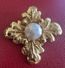 Vtg Signed Sonia Rykiel Paris Heavy Goldtone & Imitation Pearl Flower Brooch Pin