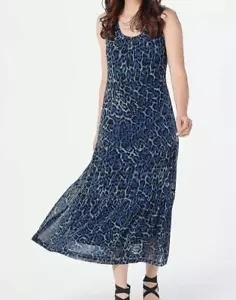 Susan Graver Blue Leopard Printed Mesh Sleeveless Tiered Dress size L - Picture 1 of 12