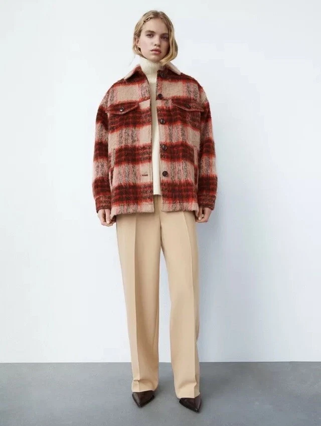 Chaqueta a cuadros Zara Premium para mujer mezcla de lana en rojo/beige/negro talla XS Foto 1 de 4