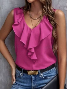 NEW Hot Pink Size 12 Beautiful Classy Ruffle Trim Sleeveless Blouse Top - Picture 1 of 8