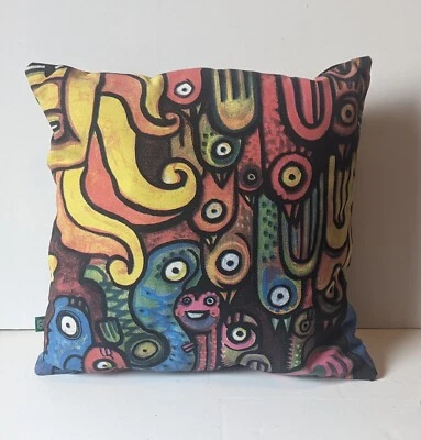 Throw Pillow Abstract Decorative Colorful 14” X 14” Sun Birds Fish Animals  - Image 1 of 4