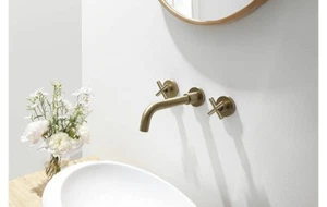 SITGES Wall Mount Double Handle Bathroom Sink Faucet Gold  - Picture 1 of 5