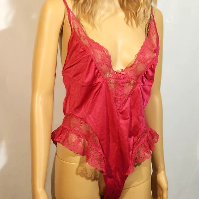 Mameluco de peluche de encaje rojo Bernette New York vintage años 80 lencería de una pieza crot a presión Foto 1 de 4