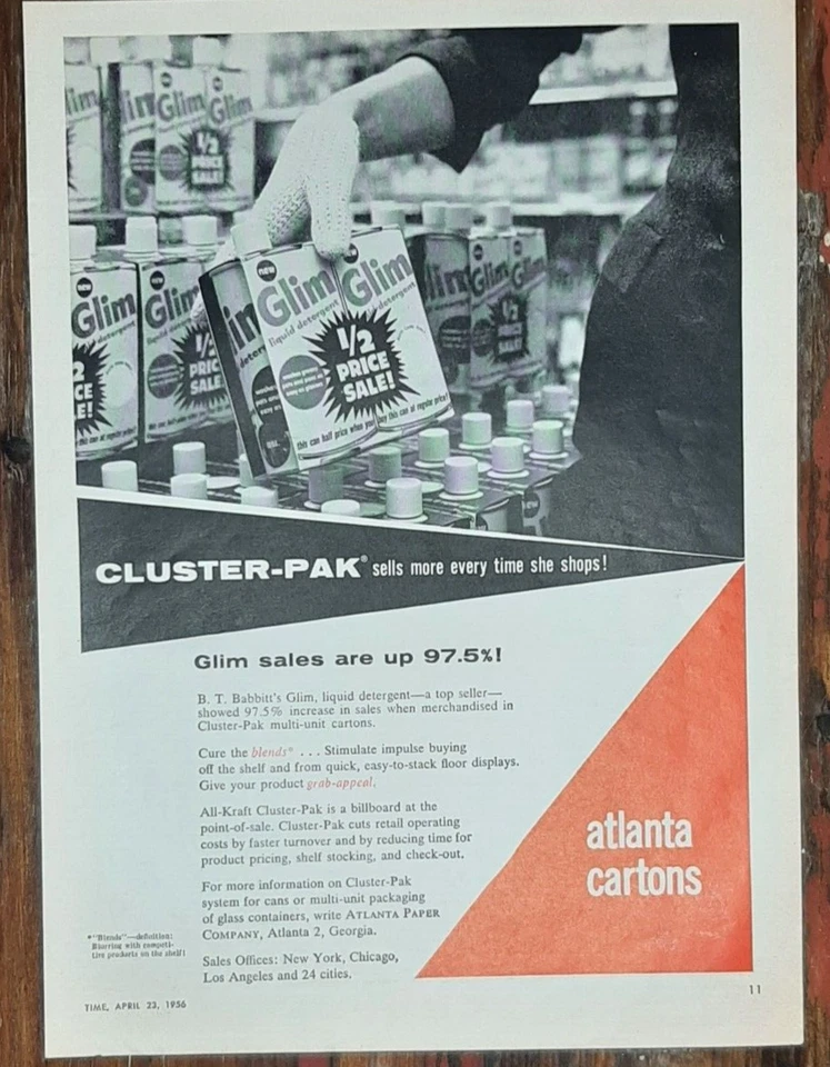 1956 Atlanta Paper Vintage Print Ad Carton Cluster Packaging Glim Detergent Shop - Image 1 of 1