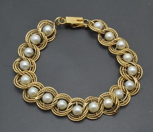 14k YELLOW GOLD VINTAGE CULTURED PEARLS,CHARM BRACELET  "  (B115)   - Picture 1 of 3