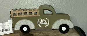 Primitive “ Give Thanks” Vintage Green Truck Shelf Sitter Wood 9” X 4.5” NEW - Picture 1 of 3