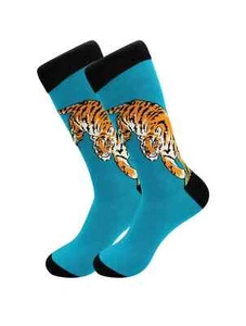 Tiger Unisex M/L Casual Crew Socks Blue Real Sic Premium Jungle Fashion New - Picture 1 of 4
