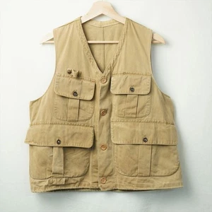30s 40s Vintage Beige Twill Cotton Fishing Vest Workwear Outdoor Utility Used - Picture 1 of 10