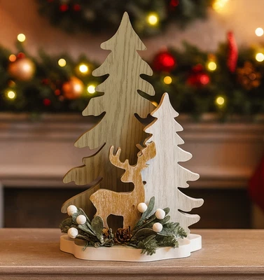 Wooden Christmas Trees With Reindeer Handmade Rustic Holiday Tabletop Decor 12'' - Image 1 of 3