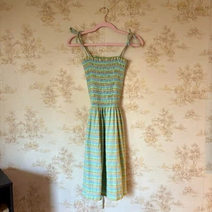 Vintage 80er KITSCH grün blau orange Streifen gesmoktes Minikleid Baumwolle XS/S - Bild 1 von 4
