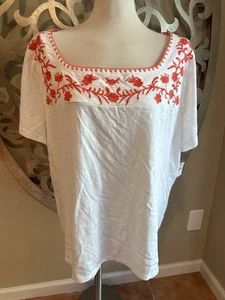 Talbots Shirt 3X Top White Orange Embroidered Square Neck Short Sleeve Knit - Picture 1 of 8