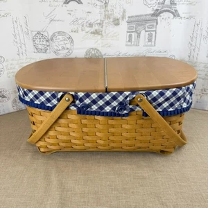 Longaberger 2004 Cestino Artigianale Nastro Blu con Fodera, Coperchio, Protezione Plastica - Foto 1 di 12