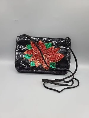 Bolsa de noite Magid preta lantejoula vintage design poinsétia alça de férias embreagem - Imagem 1 de 4