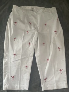 Pantaloni Drapers And Damon Capri stile cropped taglia 2X fenicotteri ricamati bianchi - Foto 1 di 8