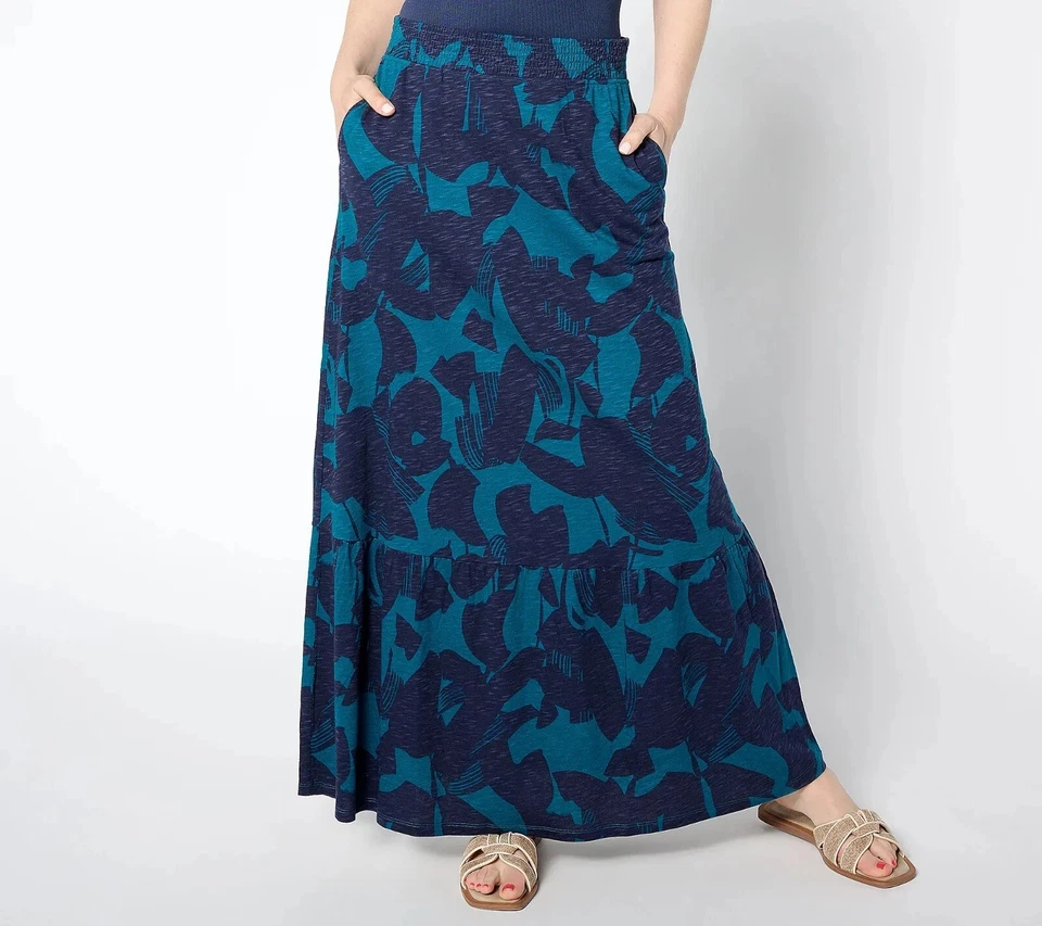 Denim & Co. Regular Slub Jersey Smocked Waist Maxi Skirt Navy M New - Image 1 of 1