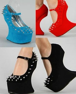 Qoors Stud Studded Curved Platform Pumps Heel-less Gaga Shoes Black Orange Sexy - Picture 1 of 4