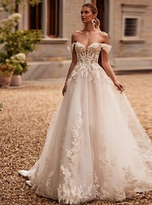 2025 Spitze Brautkleid Hochzeit Ivory 32-60 Champagner Träger Illusion Korsage - Bild 1 von 7