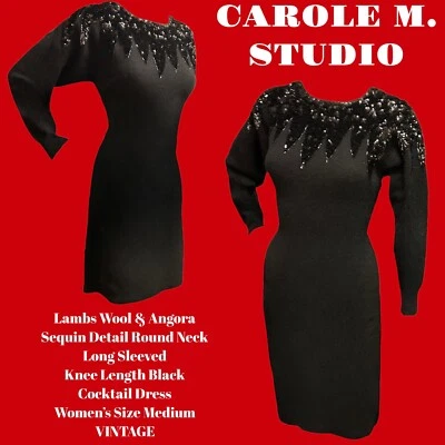 CAROLE M. STUDIOS Lambswool Sequin Black Knee Length Cocktail Dress Women M VTG - Image 1 of 4