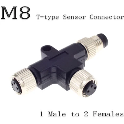 M8 Sensor Connector 3 4 5 Pin Connectors T Type 1male to 2 Female Splitter Plug - Image 1 of 4