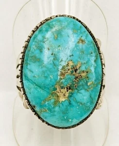 Vintage Navajo Silver & Turquoise, Mountain Turquoise Ring by Delbert Chatter 11 - Picture 1 of 7