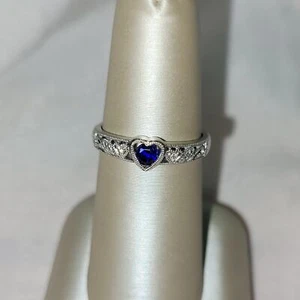 10K Simulant Sapphire and Diamond Ring, Heart Shaped, White Gold, Vintage - Picture 1 of 4