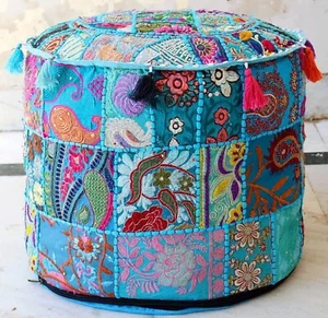 Pouf rotondo patchwork vintage Khambadi copertura ottomana - Foto 1 di 3
