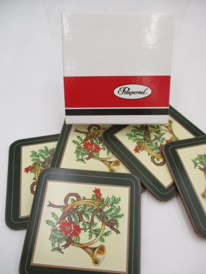Pimpernel French Horn Poinsettia Holly Berry Christmas Coasters Set of 6 Excelnt - Image 1 of 1