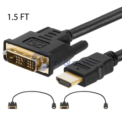 2x 1.5FT DVI TO HDMI 18+1 Cable Cord HDTV PC Monitor LCD Wire Projector Screen - Image 1 of 3