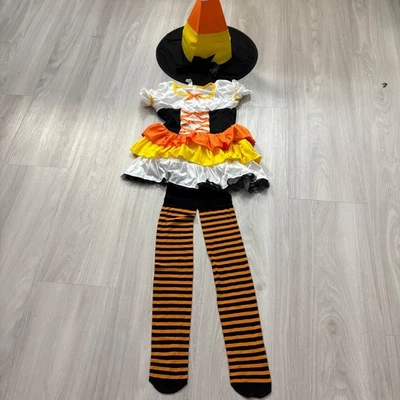 Caramelo Maíz Bruja Niña Disfraz Vestido Sombrero Medias Halloween Juegos con disfraces Talla Pequeña Foto 1 de 4