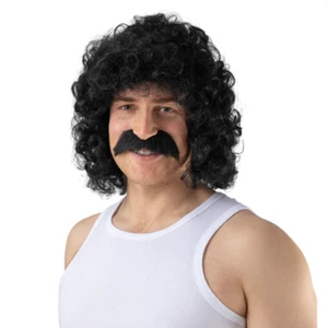 Perm + Moustache Adults Black Curly Mens Wig 70s Disco Fancy Dress - Picture 1 of 1
