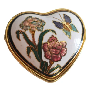 Portapillole vintage Cloisonné a forma di cuore con cerniera farfalla con fiori smaltati - Foto 1 di 4