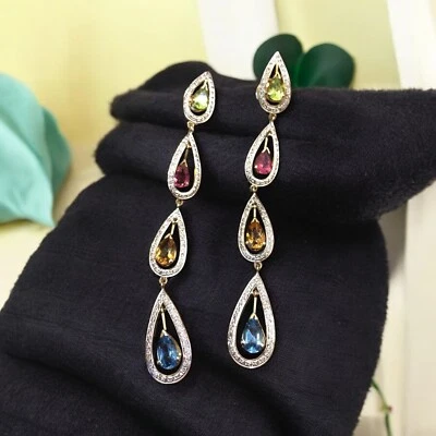 Pave 1.88 Cts F/VS1 Round Brilliant Cut Diamonds Dangle Earrings 14K Yellow Gold - Image 1 of 4