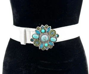 Leatherock Womens Waist Belt White Leather Turquoise Crystal Buckle Size XL - Picture 1 of 13