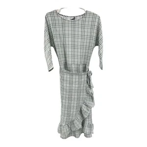 Chelsea 28 plaid midi white gray faux wrap dress S ruffle neutral office party - Picture 1 of 12