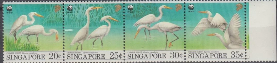 BIRD0011 - BIRDS  SINGAPORE 1993 CHINESE EGRETS WWF STRIP MNH - Image 1 of 1