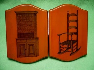 Set of 2 vintage woodenware AMERICANA Apothecary Cabinet & Rocking Chair plaques - Picture 1 of 6