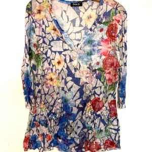 FRESH FX Multicolor Tunic Top Knit Abstract Floral Gathered Pockets Size Large - Picture 1 of 10