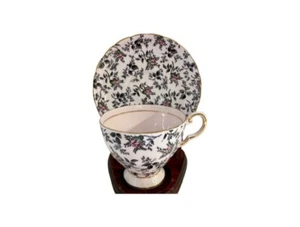 Vintage rosa toskanische Knochenporzellan Teetasse Set mit schwarzen Blumen Chintz Überzug - Bild 1 von 5