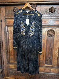 BNWT Monsoon Ginny Navy Blue Embroidered Floral Long Sleeve Boho Dress M 12 14 - Picture 1 of 8
