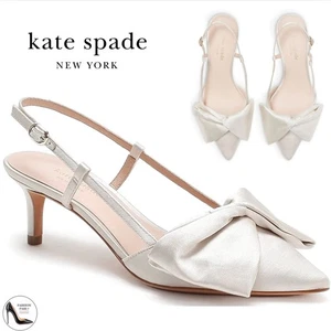 Kate Spade Marseille Ivory White Satin Bow Slingback Pump Kitten Heel Shoes 8 - Picture 1 of 24