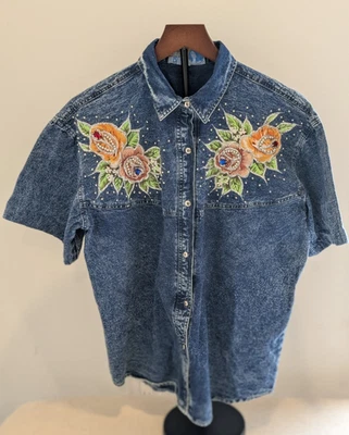 Top Denim Azul Nieve Años 80 Estilo Occidental con Cuentas Multicolores SBM Mediano Foto 1 de 4