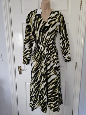 M&S Autograph Midi Dress Size 10 Green & Black Shirred Waist Zebra Stripe BNWT  - Image 1 of 4