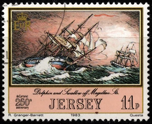 Jersey Stamp Scott # 301 Used F-VF - 11p Dolphin & Swallow Sailing Ships Issue - Picture 1 of 1