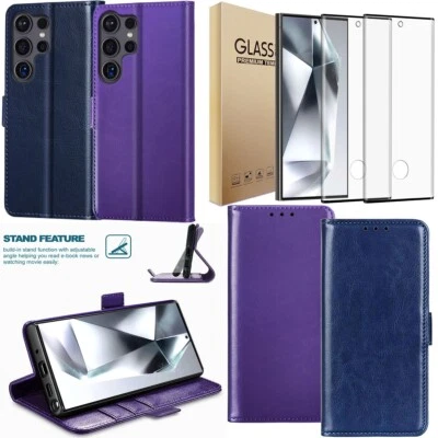 For Samsung Galaxy S24 Ultra Case Shockproof Leather Wallet Cover Tempered Glass - Image 1 of 4
